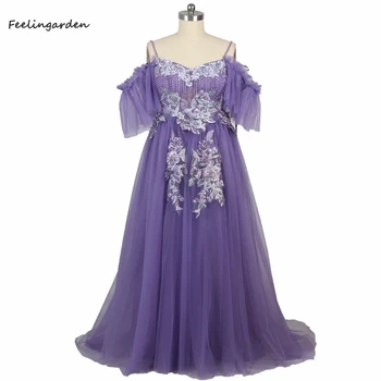 Фиолетовое вечернее платье Feelingarden, без бретелек, расшитое бисером, из тюля трапециевидной формы, длиной до пола, с короткими рукавами, женские вечерние платья больших размеров LX807