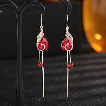 Высококачественный Индивидуальный красный кристалл с длинной кисточкой Феникс Серьги-гвоздики для ушей для женщин Модные украшения LE155