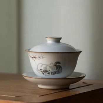 Керамический Чайный сервиз Кунг-фу Moon White Ru Kiln Cat Sancai с открывающейся крышкой и чашей, Простой набор для приготовления чая, бытовой набор